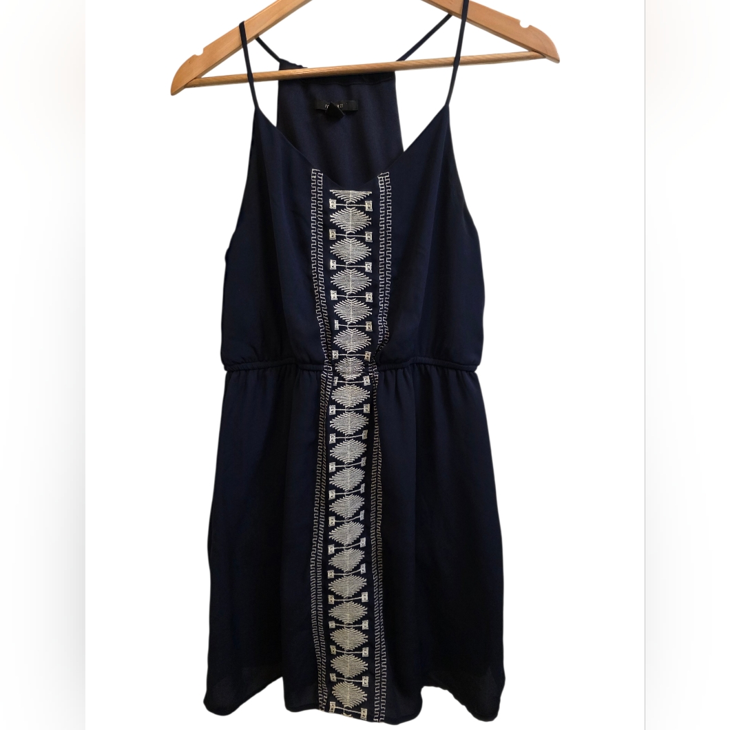 Forever21 Navy Blue Sleeveless Boho Mini Dress White Embroidery Sz M Euc